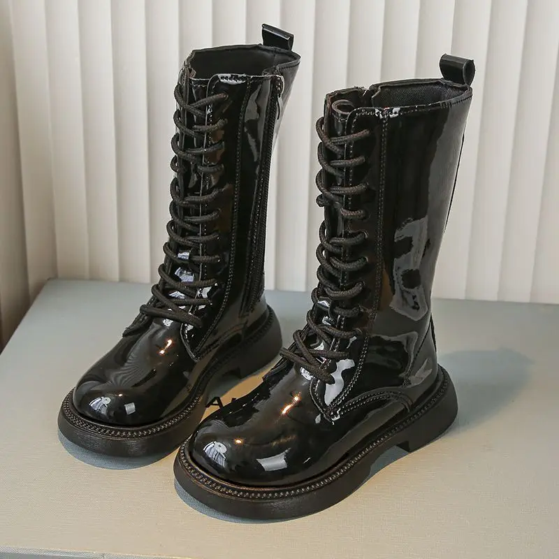 2026 New Autumn Kids Black Patent Leather Long Boots for Girls Fashionable Children's Winter Footwear with Soft Sole