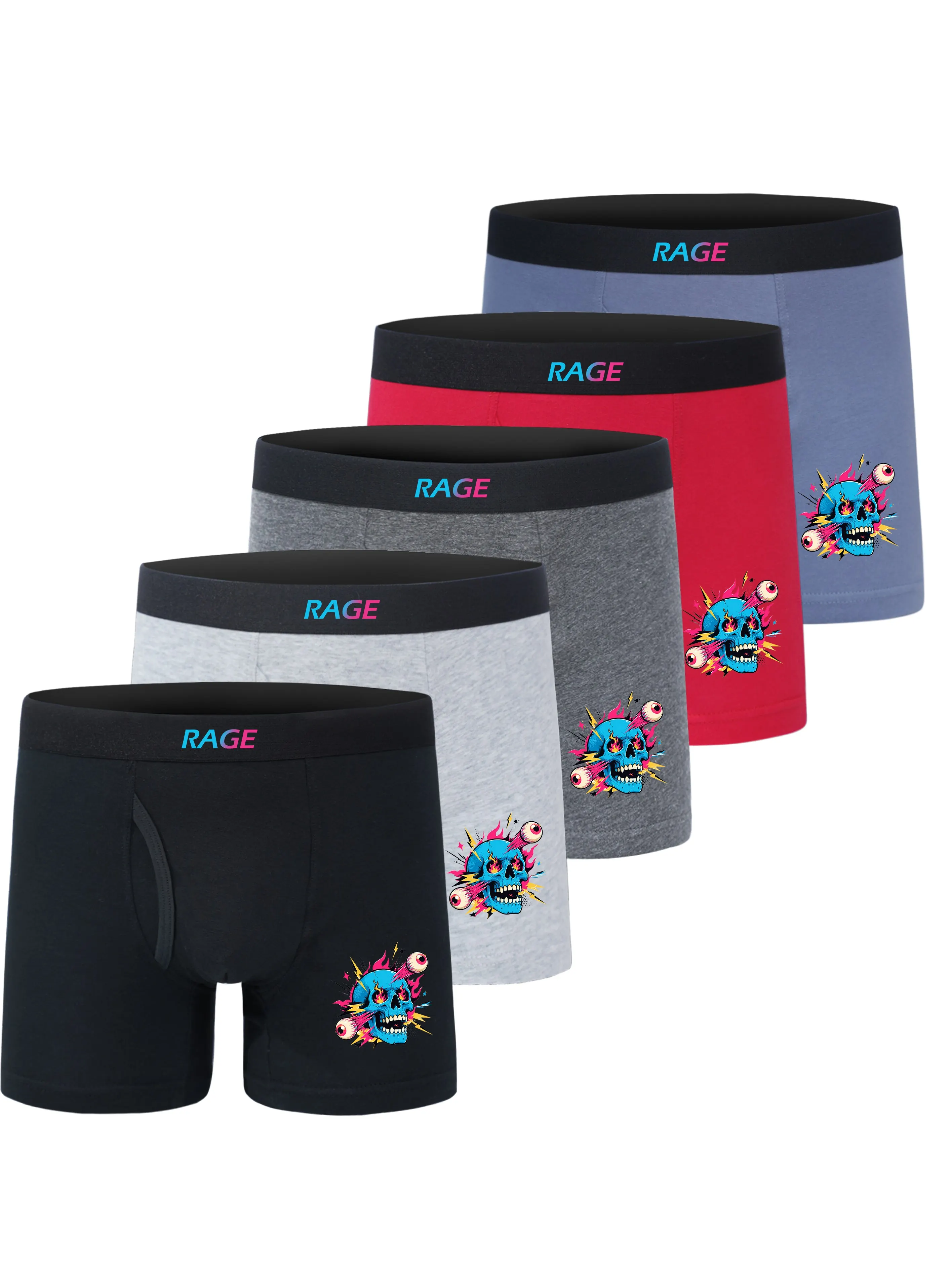 5Pcs Boys Open Crotch Boxer Briefs Cotton Kids Underwear Cool Skull Print Soft Breathable Children Underpants For 2-14 Years