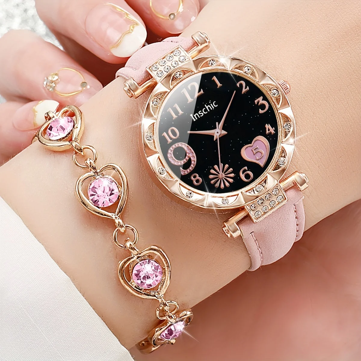 

2pcs/set Romantic Pink Heart Rhinestone Womens Watch & Bracelet Duo - Sparkling Quartz Timepiece with Durable PU Leather Strap