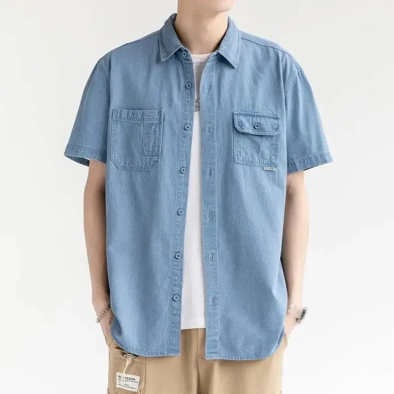 

New 2024 Blue Denim Shirt Men Summer Oversized Short Sleeve Jean High Quality Cotton Light Blue Plus Size Shirts Men Clothing