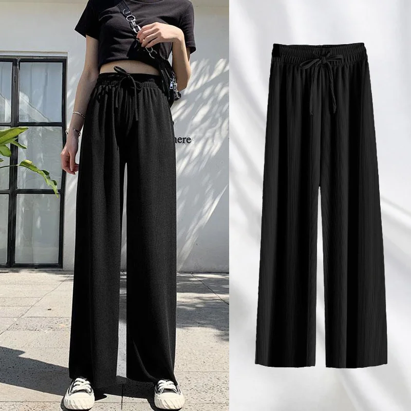 

Women Pants 2023 New Spring Summer Ice Silk Wide Leg Pants High Waist Casual Female Slim Loose Straight Black Trousers Korean