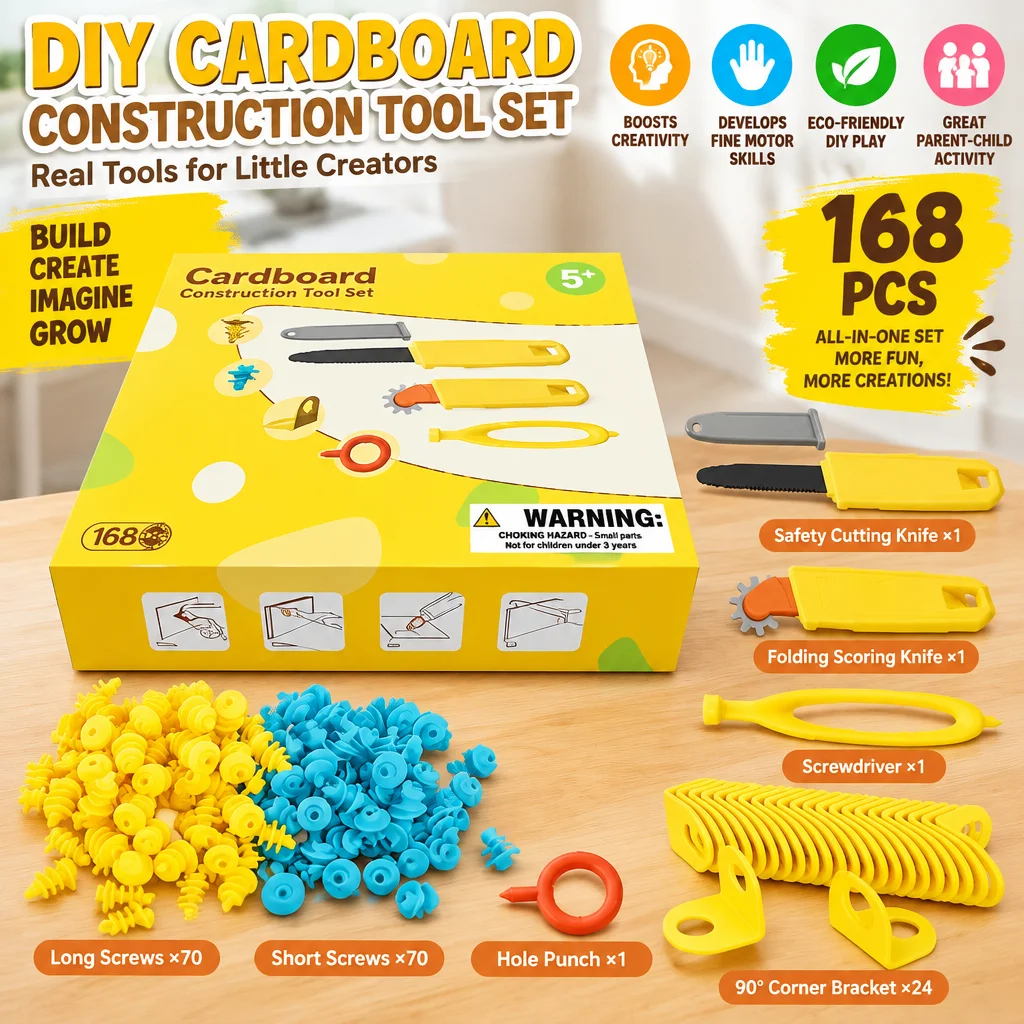 2SET AT19-Cardboard Tools for Kids with Cutter& Tool Box-168 PCS Cardboard Construction Kit Ideal for Family& Team Activities
