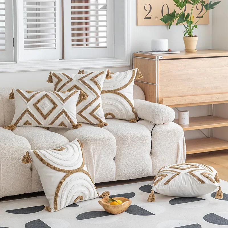 New Geometric Embroidered Pillow Case CottonTufted Fringed Cushion Cover 45*45/30*50cm Decorative Home Pillow Cover for Sofa