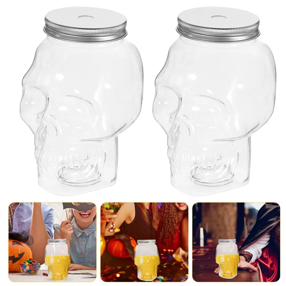 

4pcs Empty Beverage Bottle Halloween Skull Shaped Plastic Drinking Bottle With Lids Halloween Transparent Party Beverage Bottle