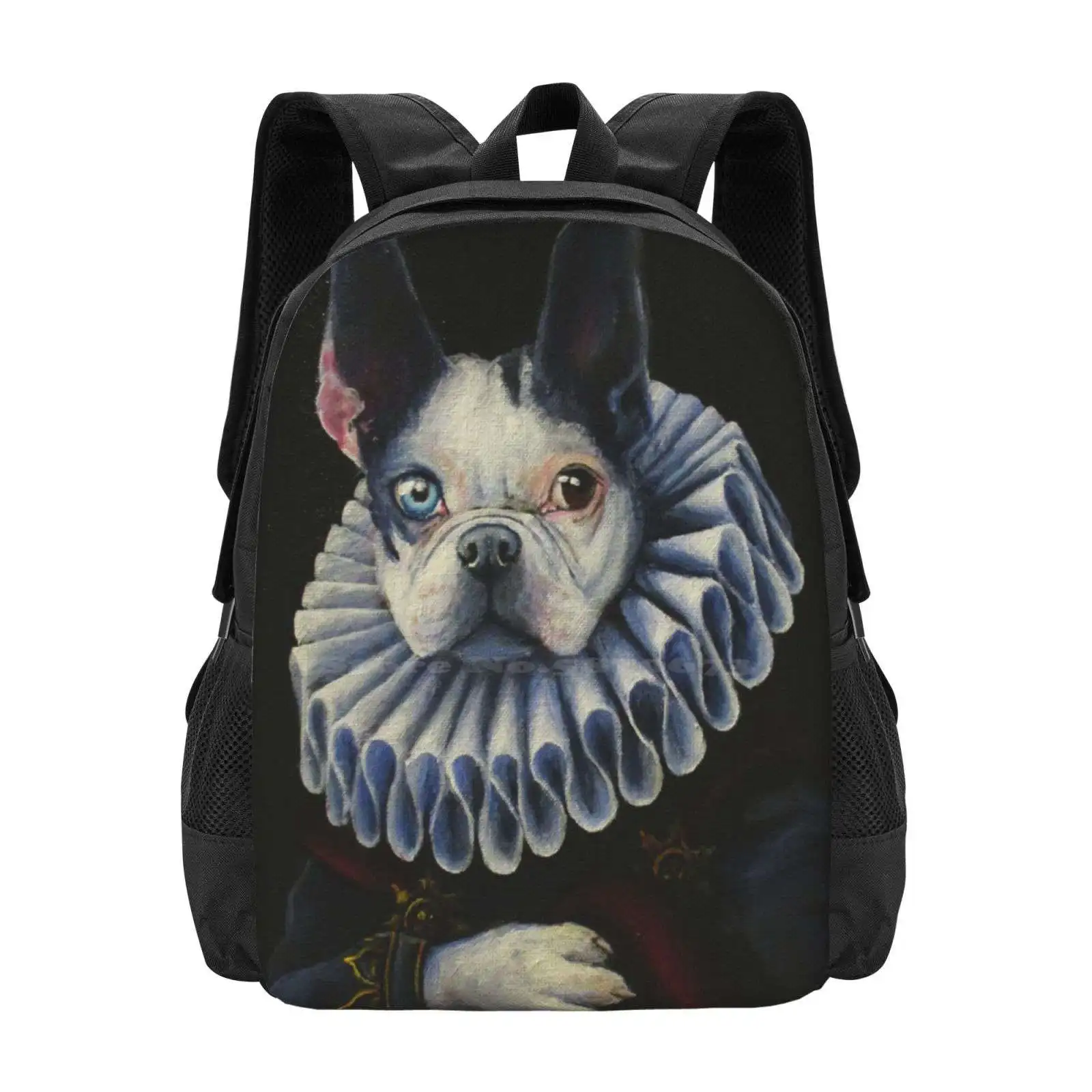 Norman Pattern Design Laptop Travel School Bags Boston Terrier Dog Ruff Costume Blue Eye Cape Portrait Kellie Marian Hill