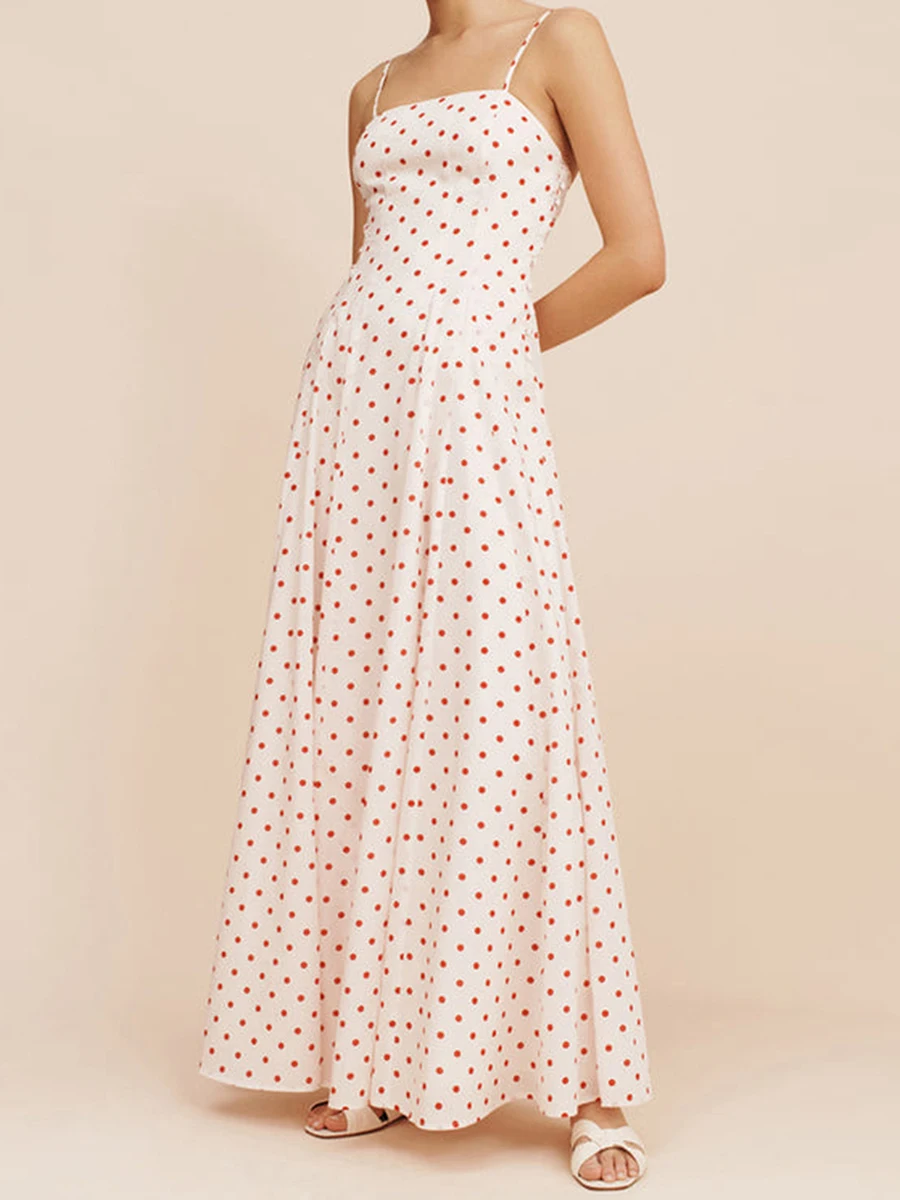 Abito estivo lungo da donna con stampa floreale a pois senza maniche con cinturino per spaghetti