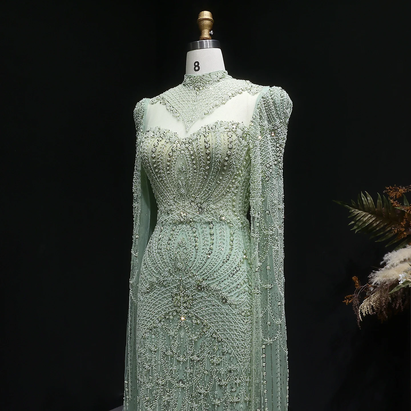 Sharon Said Elegantes Blaues Perlenbesetztes Abendkleid mit Cape-Ärmeln, Hochgeschlossenem Kragen, Arabisches Partykleid für Hochzeitsgäste SS079 Maßanfertigung – Detail 17