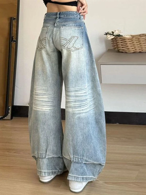 High Waist Wide Leg American Retro Knife Jeans Women's Autumn New Style Floor Length Pants Loose Fit Denim Skinnies