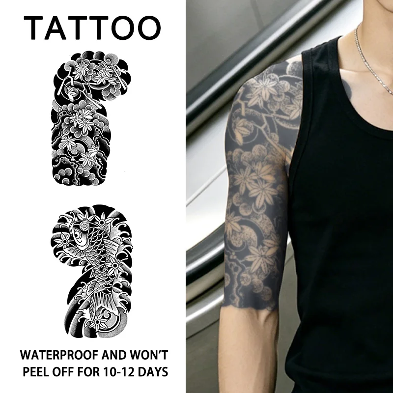 Asian Style Half Sleeve Herbal Temporary Tattoo Stickers, Long-lasting Waterproof for One to Two Weeks, Suitable For Arm, Leg