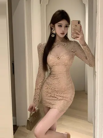 Sexy Lace Hollow out Long Sleeve Splice Bodycon Short Dress Sleeveless High Waist round Neck Pullover Summer Casual H-Shape D...