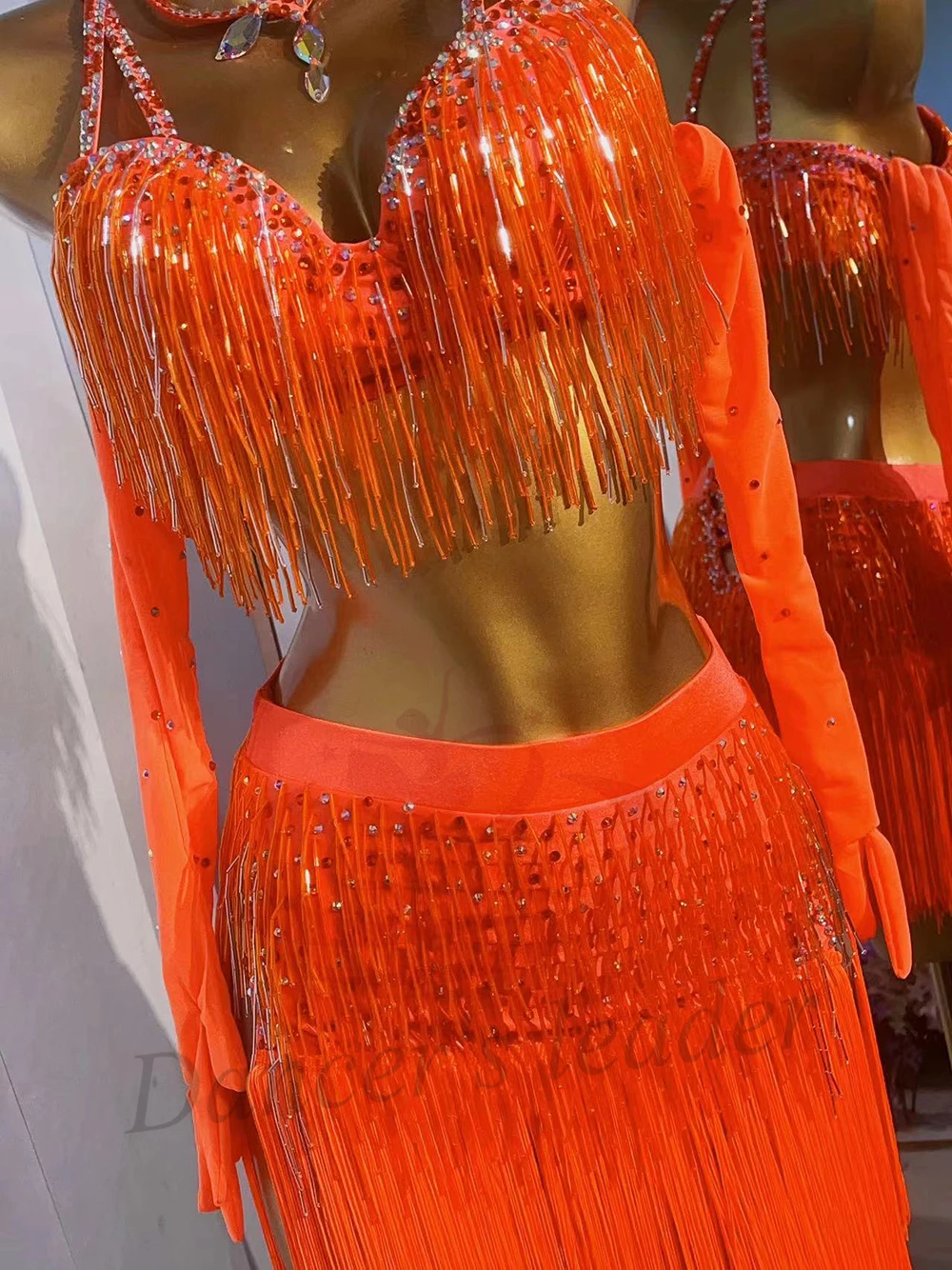 라틴 댄스 의상 AB 스톤 여성 성인 어린이 고급 맞춤형 오렌지 비즈 튜브 태슬 삼바 공연 드레스