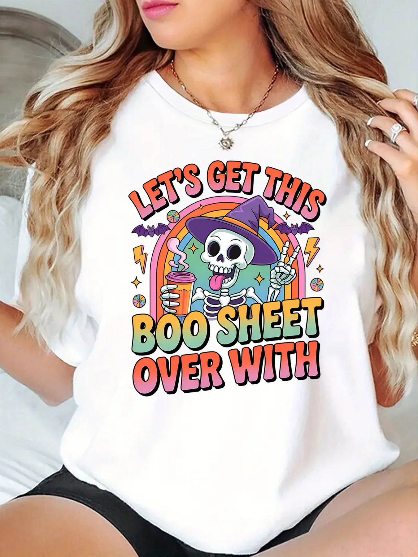 Rainbow Skeleton Witch Hat Coffee Bat Halloween Quote Graphic Womens T Shirt Short Sleeve Crew Neck Casual Ladies Tee Tops