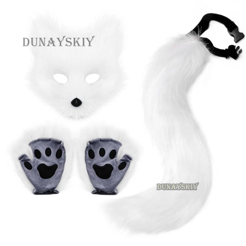 New Sexy Woman Cat Fox Cosplay Props Headband Tail Mask Headdress Plush Ears Tail Gloves Anime Lovely Lolita Cosplay Props Set