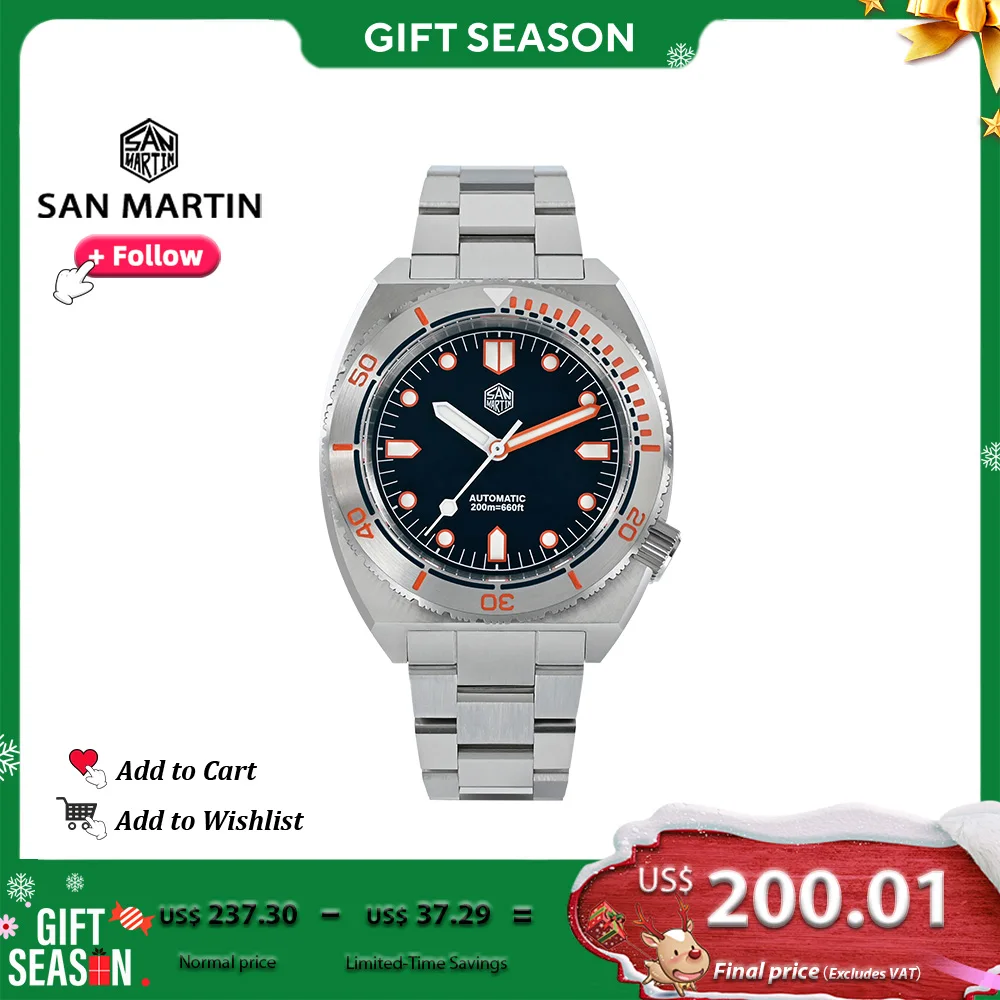 San Martin Luxury 40mm Fashion Diving Watch for Men Bezel Sports Automatic Mechanical Stainless Steel 20Bar Waterproof SN0067