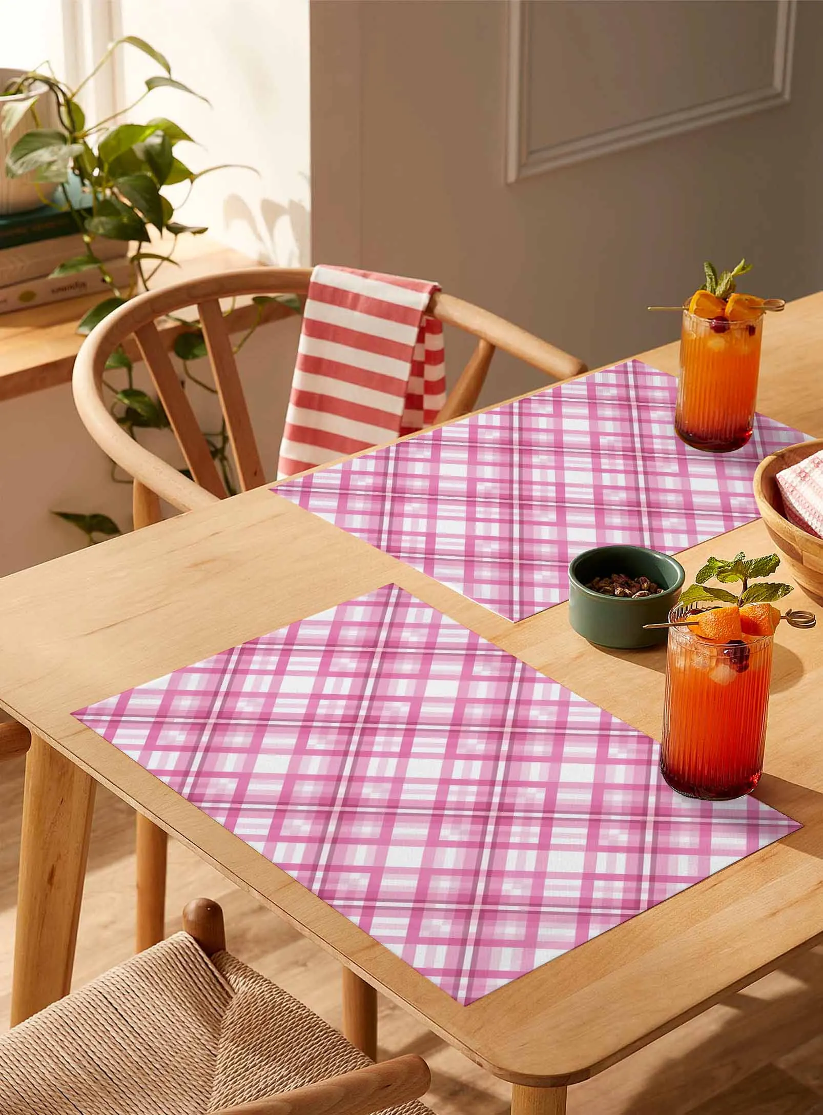 

4/6 Pcs Simple Pink White Check Placemat Wedding Party Dining Decor Linen Table Mat Kitchen Accessories