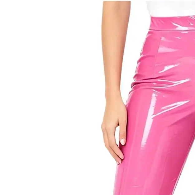 Pantalones Largos de Mujer de Cuero Metálico Brillante con Cintura Alta, Fruncido en la Espalda, Corte de Campana en V, Estilo Wet Look para Discoteca