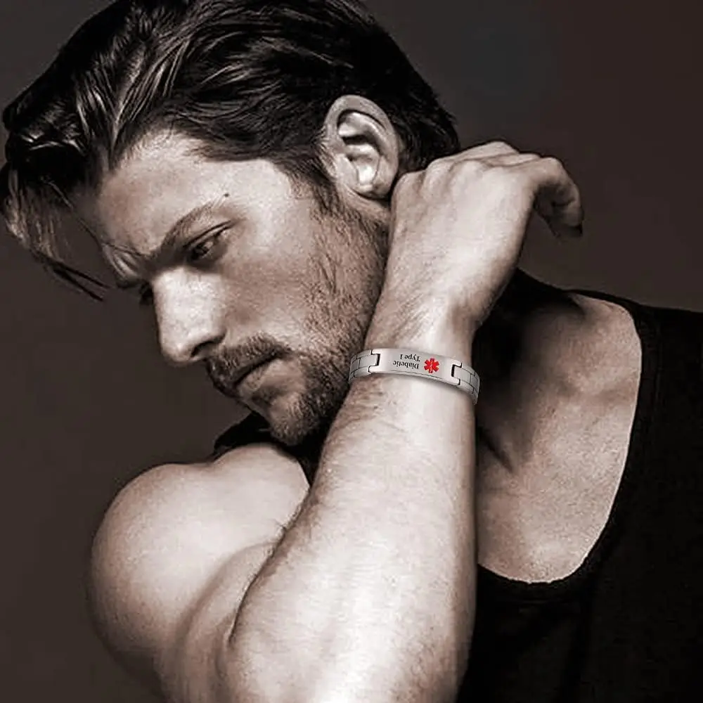 Medizinische Alarmarmbänder aus Edelstahl, kostenloses Schnitzen, personalisierbar, für medizinische Notfallhilfe, Schmuck, Ausweis-Armband für Männer und Frauen – Detail 6