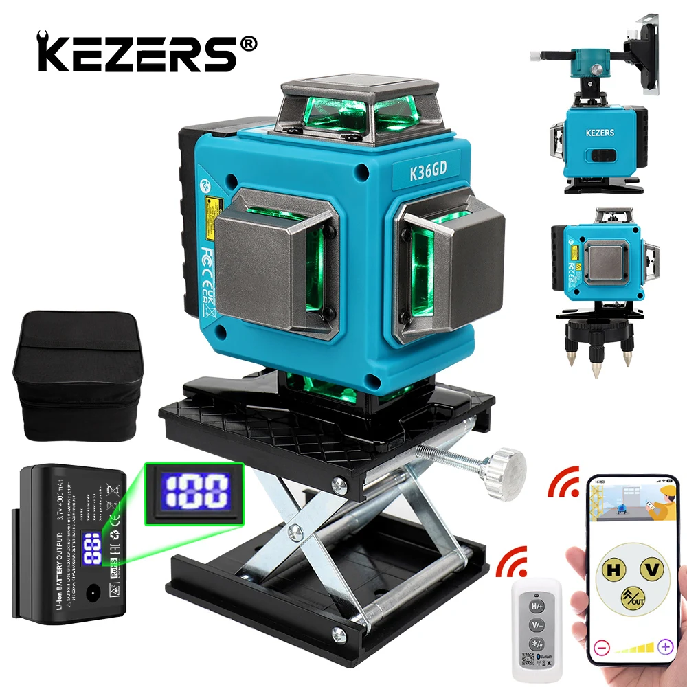 KEZERS-nivel láser verde, herramienta de nivelación 4D de 16 líneas, nivelado automático 360, batería de iones de litio de 4000mAh, Control remoto,