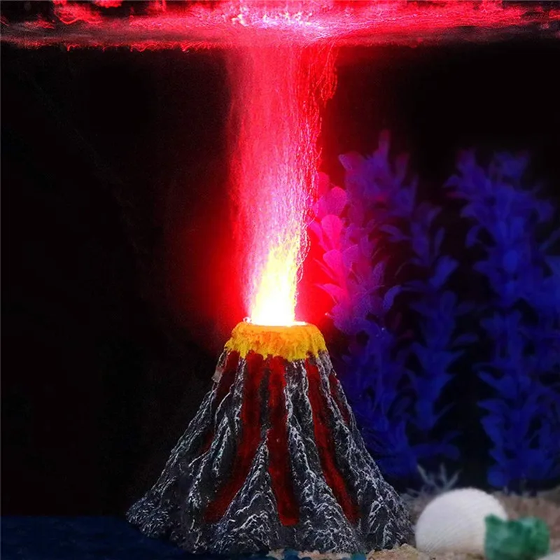 Decoraciones de acuario de resina, juego de adornos con forma de volcán, burbujeador de piedra de aire, foco LED rojo para pecera de acuario Betta