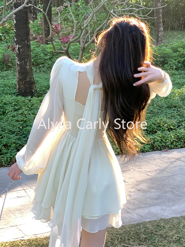 Solid Elegant Chiffon Fairy Dress Women 2024 Summer Casual Puff Sleeve Party Dresses Female Fashion Korean Victorian Sweet Dress