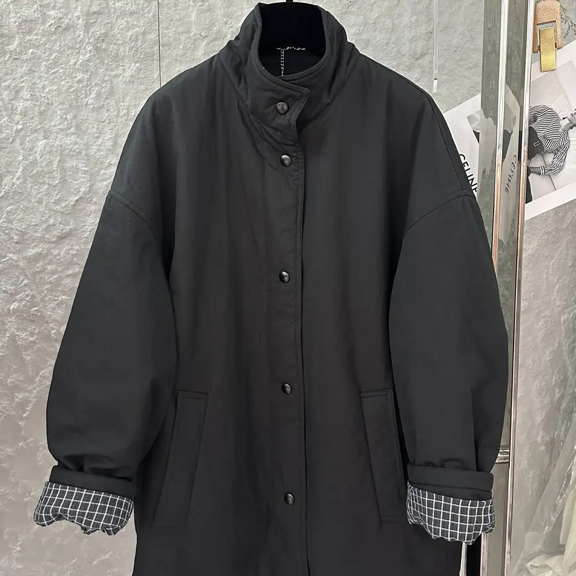 

2025 Fall Winter Plaid Trim Coat Women Loose Fit Stand Collar Single Breasted Cotton Padded Jacket Casual Outerwear