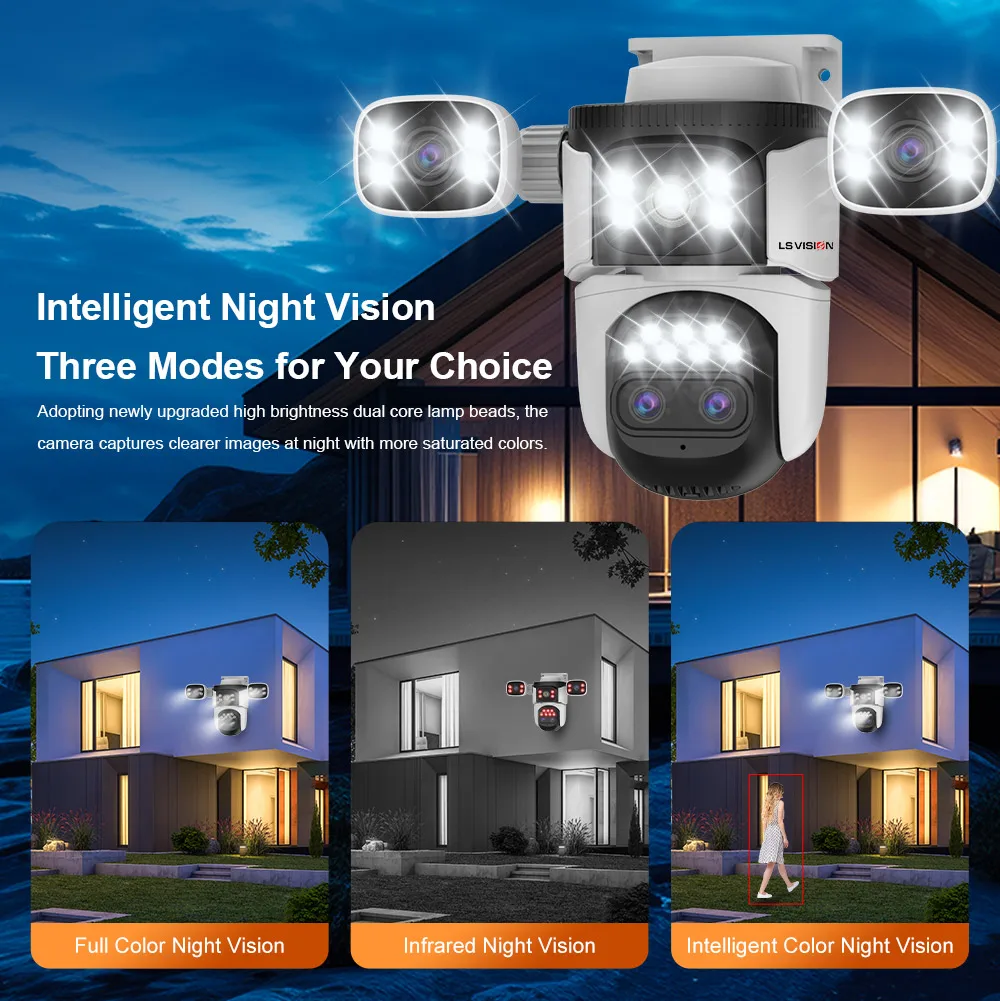 LS VISION 20MP 3-Screen 4-Lens 10X Optical Zoom WiFi Wireless Outdoor Security Camera PTZ with Auto-Tracking Surveillance Camera