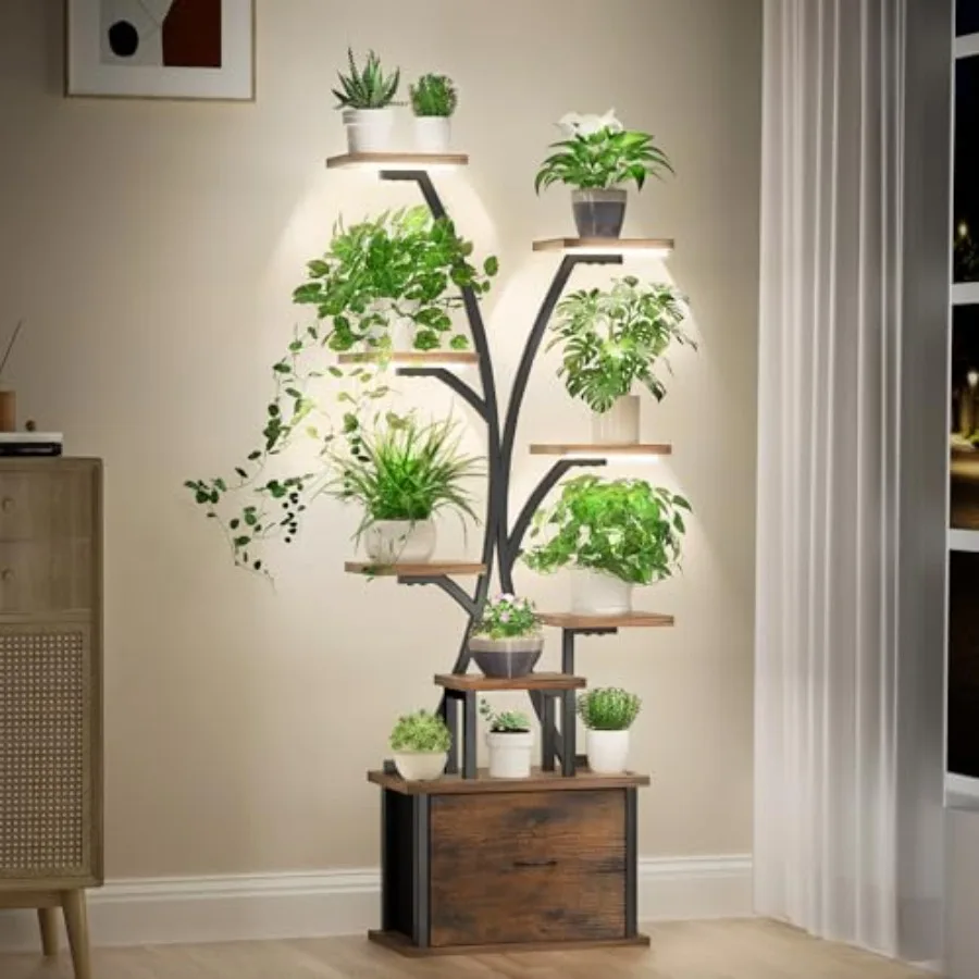 

Indoor plant stand with grow light: 9-tier curved corner shelf for living room or patio, 65 tall, metal frame, white finish, in