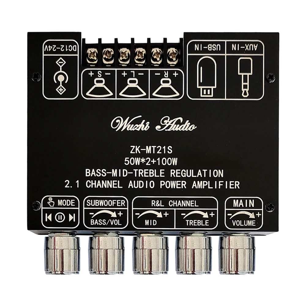 ZK-MT21S 2.1 Channel Bluetooth 5.1 Audio Amplifier Board TPA3116D2 50W×2+100W Subwoofer Amp Module DC12-24V