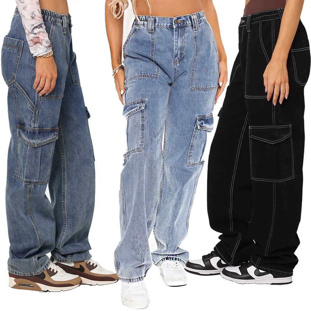 

High Waist Elastic Waist Baggy Jeans Women's Loose Wide Leg Workwear Cotton Stretch Denim Pants Deep Color Spring Fashion