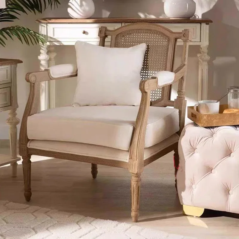 French solid wood natural rattan double sofa vintage distressed single lounge chair living room hotel villa furniture