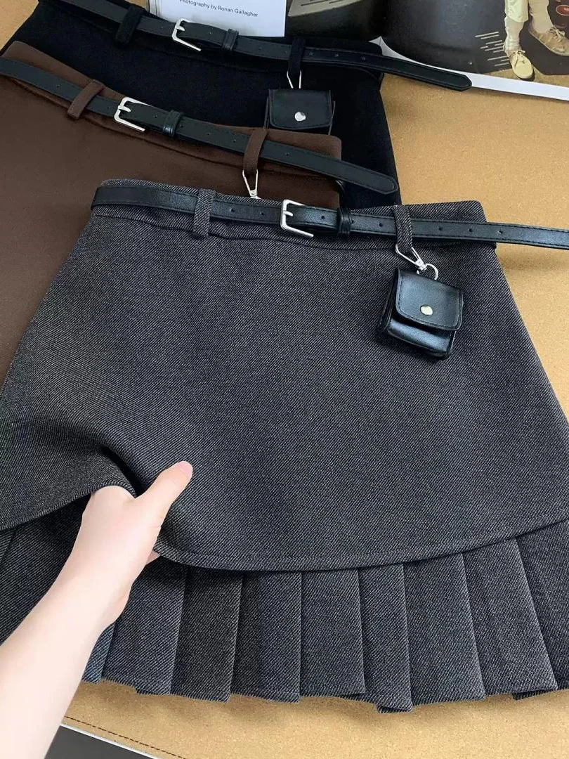 

High Waist A-Line Skirt Women's Spring Autumn Vintage Preppy Style Pleated Midi Skirt Slimming Short Skirt Korean Style