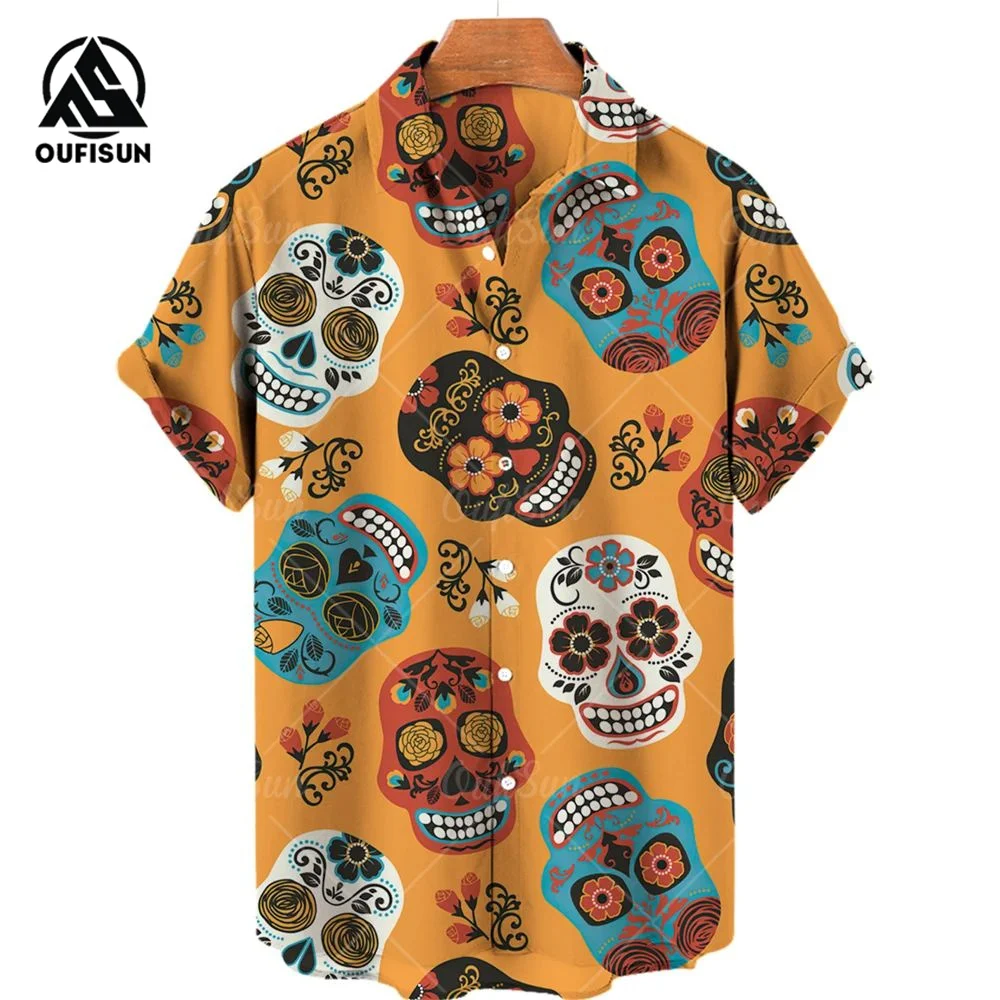 Summer Fashion Men\'s Short Sleeve Casual Printed Shirt Flowers Horror Skull Print Vacation Travel Oversized Top Size S-5XL