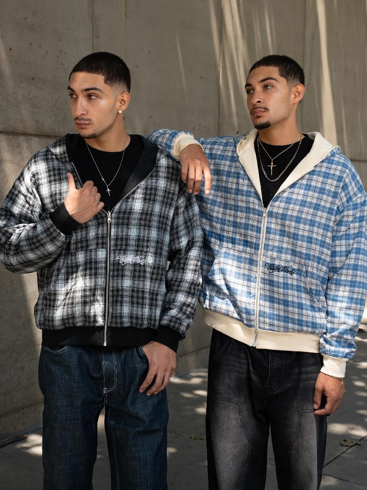 Harajuku Gothic Retro Style Zipper Double-Sided Hooded Sweatshirt Checkered Jacket Y2K Fashion Autumn/Winter Fashion Item