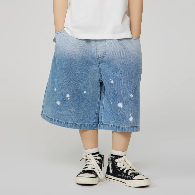 

2025 Summer New Children's Loose Casual Thin Retro Splashed Ink Five Quarter Denim Shorts