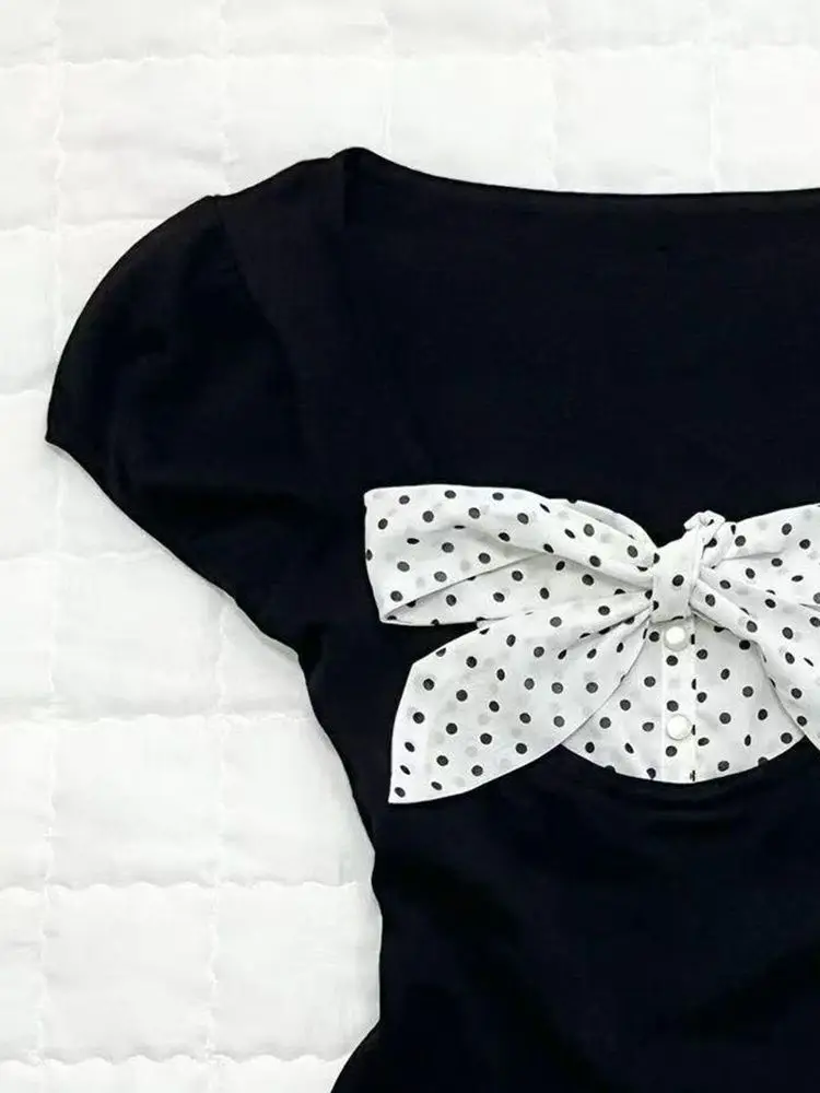 Pure Desire O Neck Polka Dot Bow Women Clothing Half Sleeve Patchwork Slim T-shirt Minority Simple High Street New Mujer