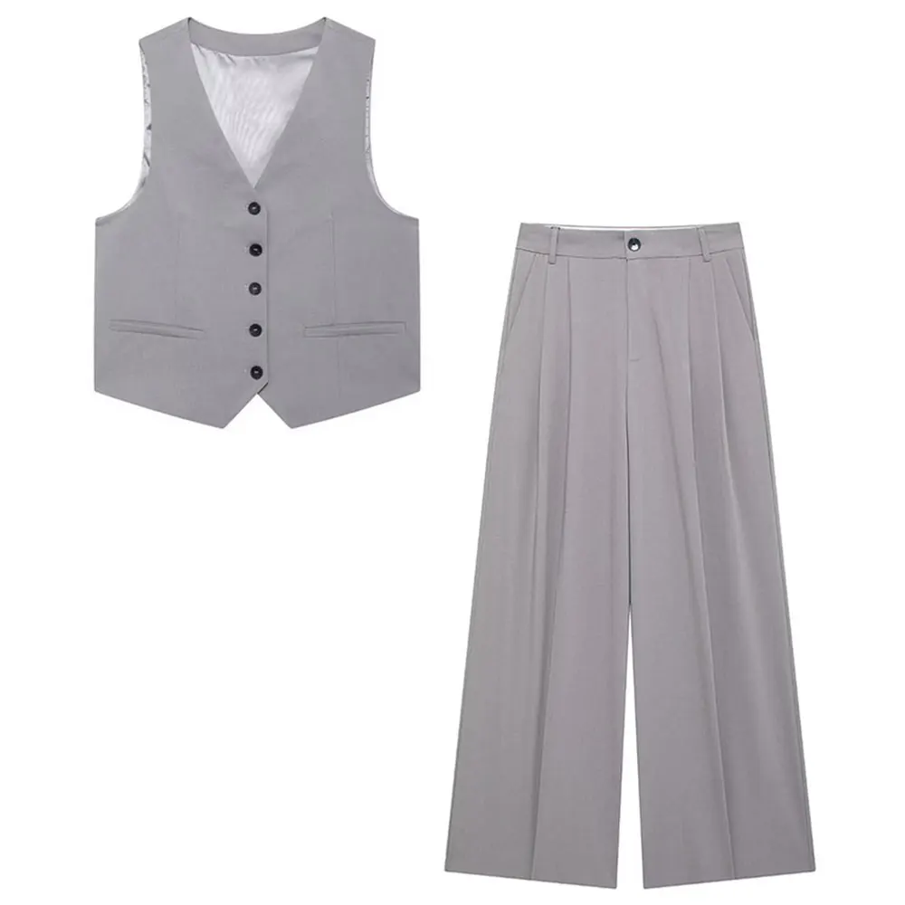 HH Frauen Feste Hose Sets Verstellbarer Rückengurt Einreiher V-ausschnitt Weste Hohe Taille Hose Mode High Street Outfit – Detail 4