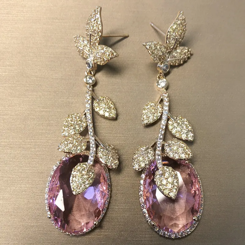 Bilincolor Fashion Golden Leaf and Pink Cubic Zircon Vintage Luxury Drop Earring for Women Wedding Jewelry