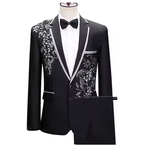 (Jacket+Pants) Men Fashion Wedding Banquet Party Flower Suits Singer Pianist Stage Performance Splicing Dress Blazer and Trouser