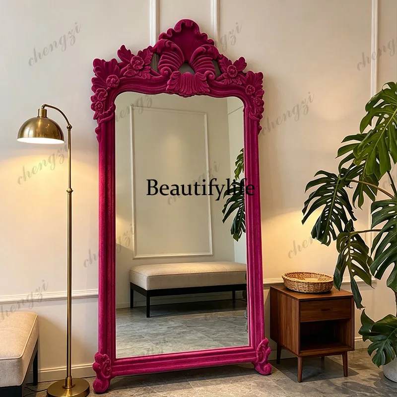 Vintage flocking carved full-length mirror clothing store fitting mirror ins art floor mirror