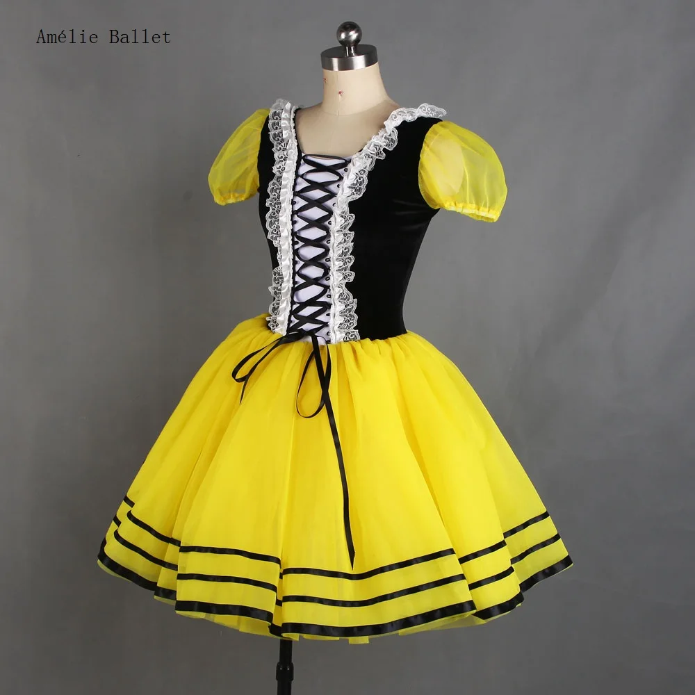 21046 Leotardo de terciopelo elástico negro con mangas abullonadas amarillas adjuntas 5 capas tutú de tul amarillo faldas de baile de Ballet para niños adultos