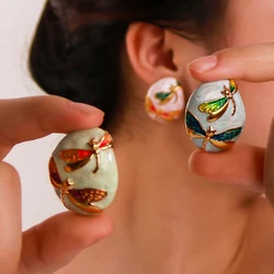 European and American Retro Style Circular Oil Dripping Dragonfly Flower Colored Oil Dripping Glaze Stainless Steel Earrings