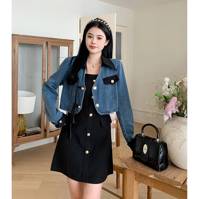 

Spring Summer Two-piece Set For Women V Neck Denim Jacket Tops And Black Mini Sling Dresses Female Large Size 4XL Matching Suits