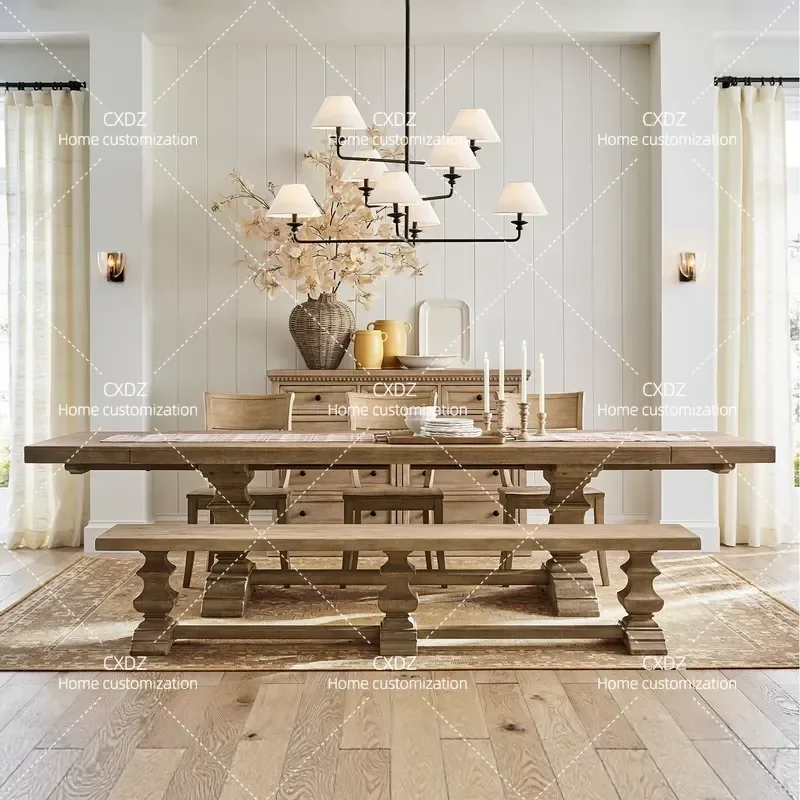 Rural Retro Solid Wood Rectangular Dining Table Set Antique Natural Grain Kitchen Furniture Household Dining Room Table and