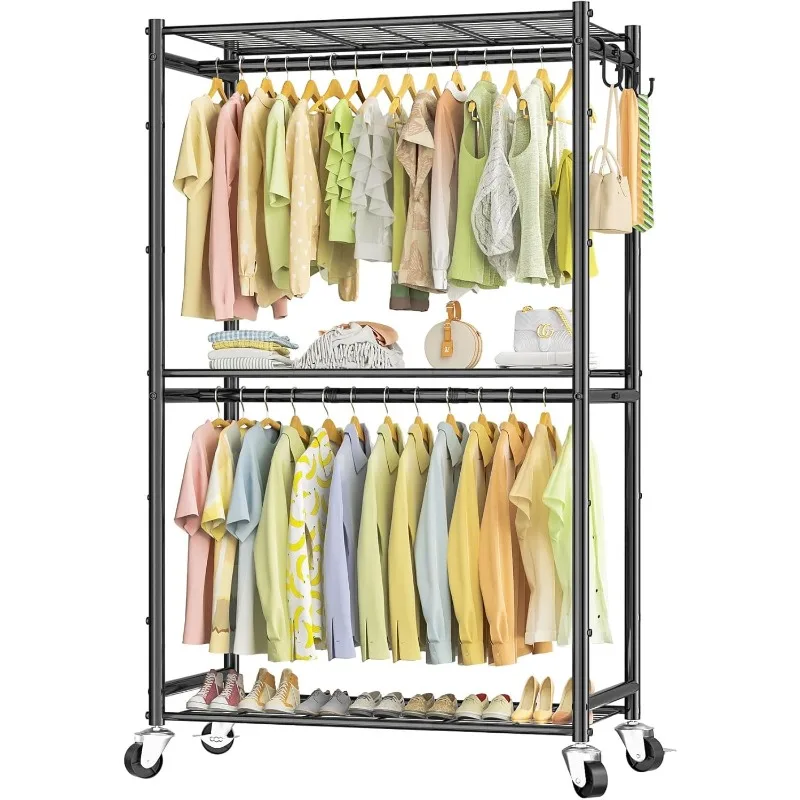 Rolling Clothes Rack for Hanging Clothes, Metal Clothing Garment Rack with Double Rods & 3 Wire Shelves, Portable Wardrobe