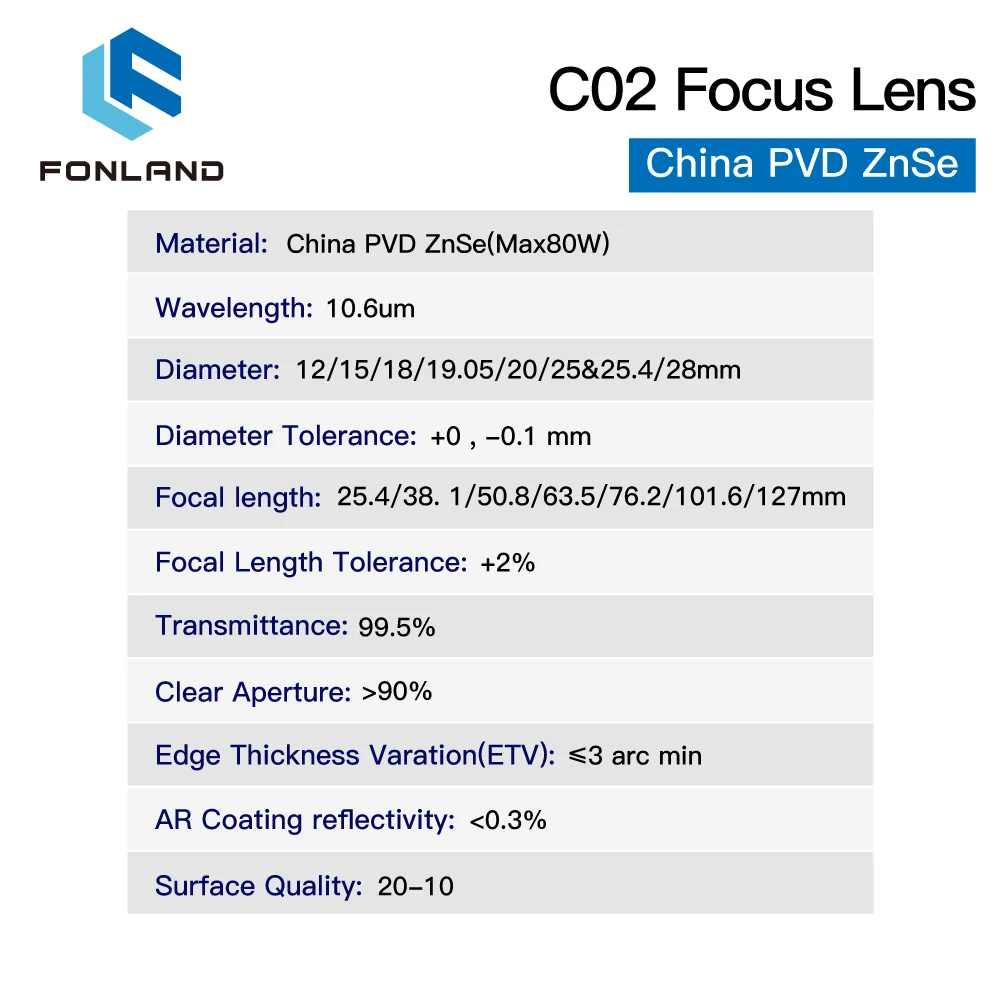 Fonland Focus Lens 3/5/10PCS USA CVD Focus Lens ZnSe DIA  20mm FL50.8/63.5 for 0-200W CO2 Laser Engraving Cutting Machine
