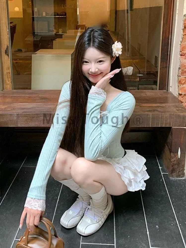 2024 Sweet Pure Style Green Base Tops Women Autumn Winter Lace Two Piece Clothes Sweet Spice Girl Bow Casual Cropped T-shirt New