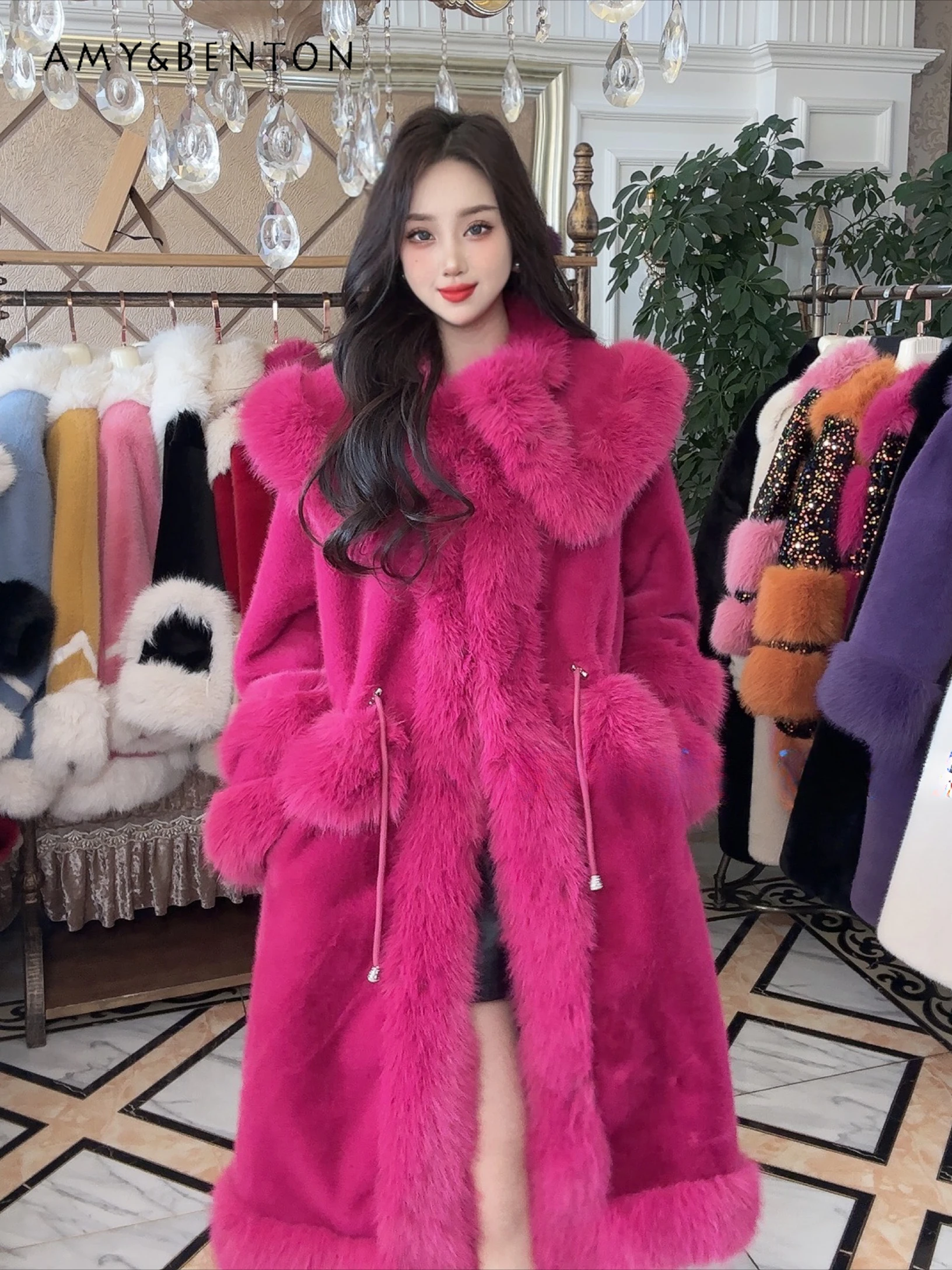 

Winter New Heavy Industry Graceful Fur Long Hair Mink Toka Fox Hair Fashion Drawstring Slim Elegant Ladies Faux Fur Coat Female