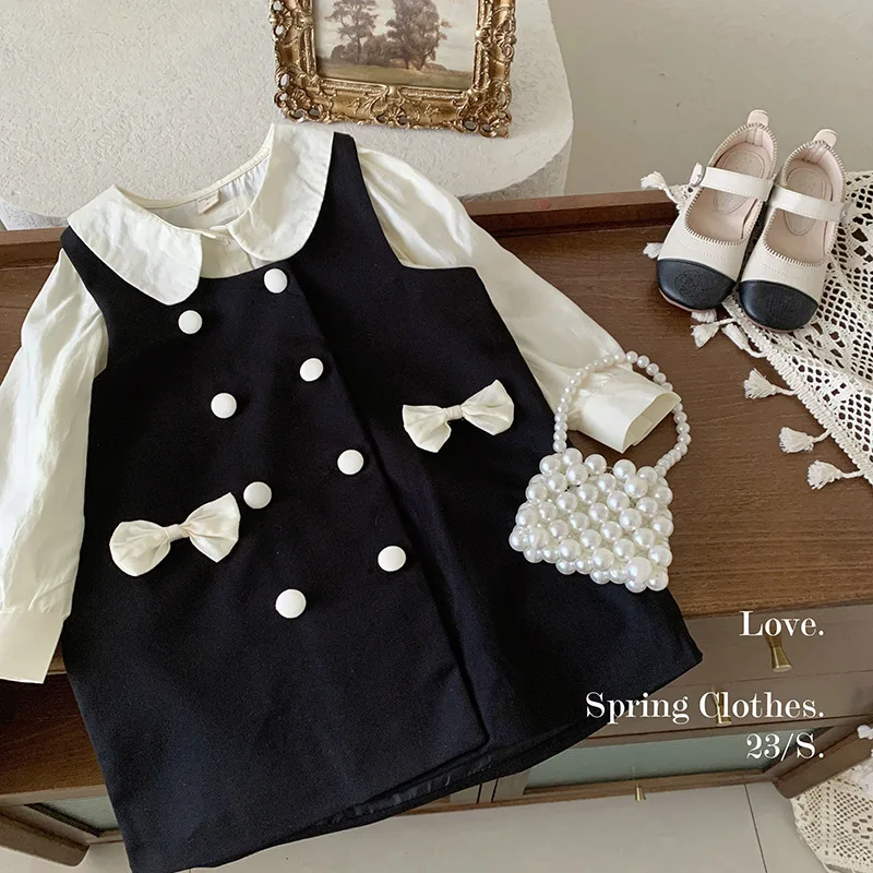 

2025Spring New Girls' Elegant Two-Piece Set Children's Fashionable Versatile Vest Dress Set