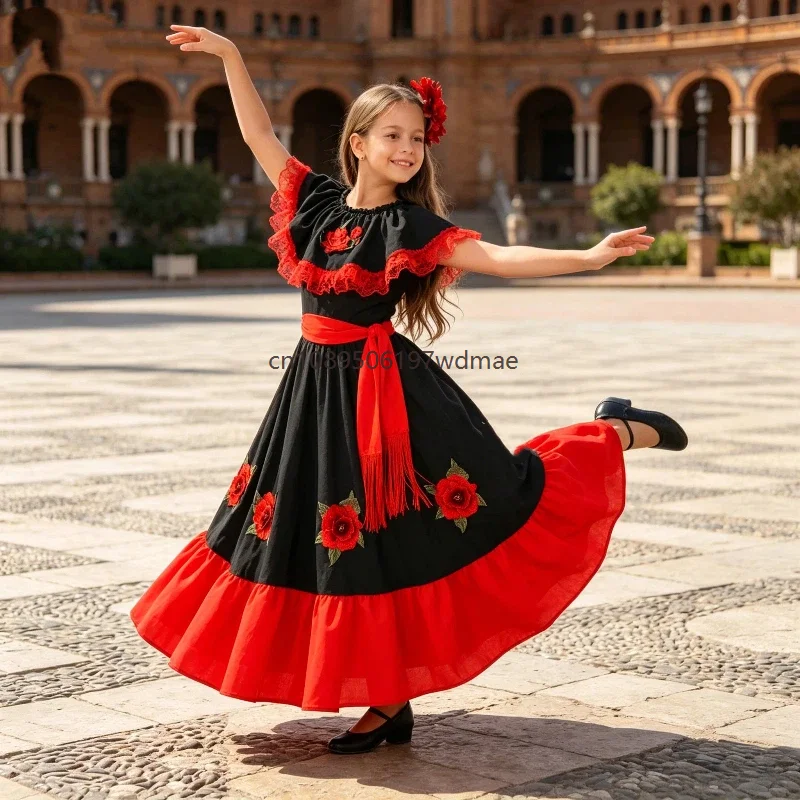 

Mexican Fiesta Cosplay Costume Dress Black Red Floral Spanish Folk Long Dress with Tassel Belt Traditional Flamenco Stage Dress