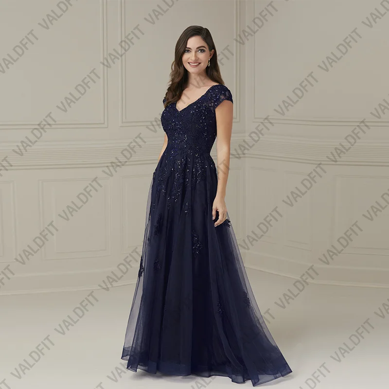 Personalizado longo uma linha azul marinho mãe da noiva vestidos mangas boné para casamento vestido de festa à noite vestidos de fiesta